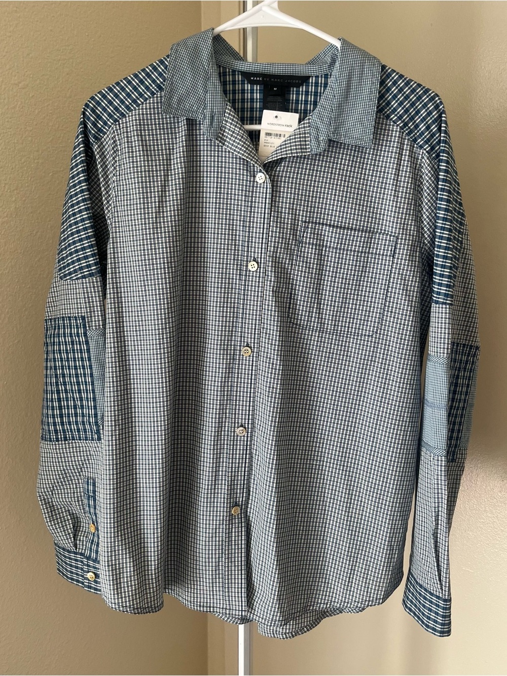 Marc by Marc Jacobs Blue Checkered Patchwork Long Sleeve Shirt Size M *READ* - Picture 2 of 14